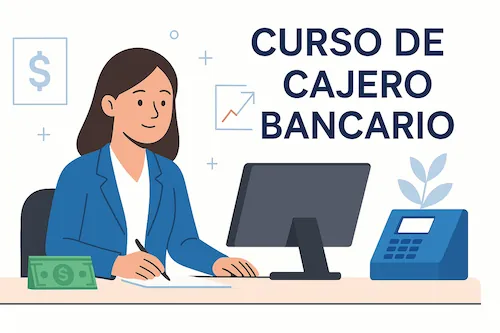 Mujer en oficina bancaria atendiendo frente a un computador, con billetes y máquina de contar dinero, ilustración minimalista para curso de cajero bancario.
