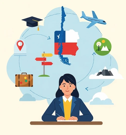 Ilustración conceptual de una persona capacitándose en turismo con iconos de viaje, un mapa de Chile y un diploma.