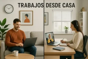Persona trabajando cómodamente desde su casa.