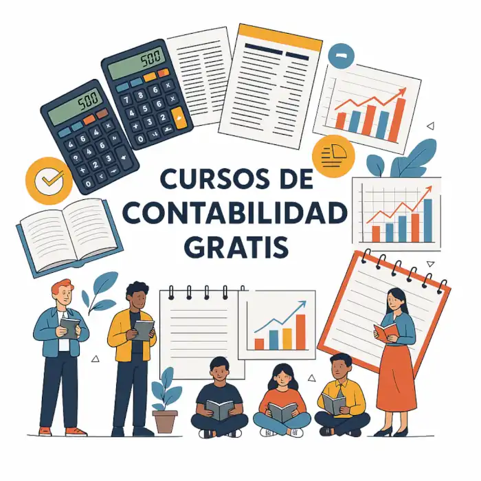 Ilustración de 'Cursos de Contabilidad Gratis' con iconos de aprendizaje y finanzas.